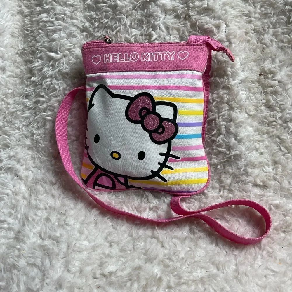 Hello Kitty by Sanrio white&pink canvas multi color pastel stripes crossbody bag